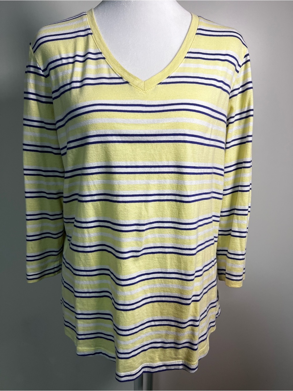 Laura Scott Yellow and Navy Striped V‑Neck Long Sleeve Top